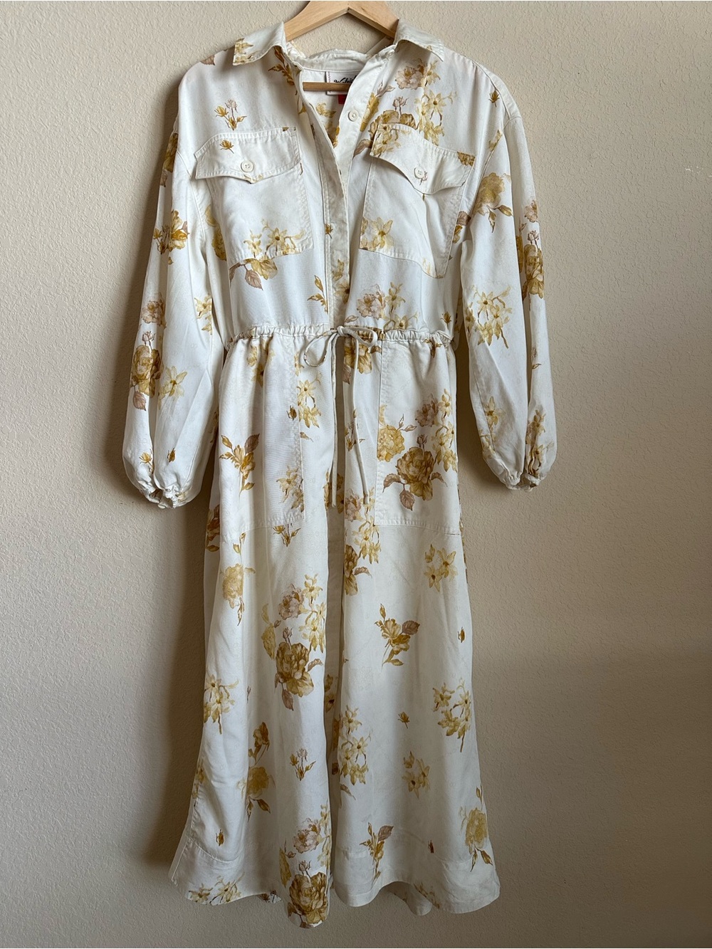 Woolrich Cream Long-Sleeve Floral Drawstring Dress Size XS